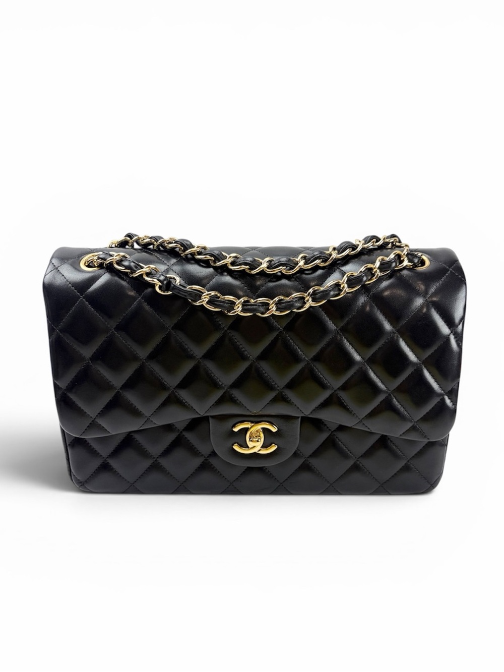 CHANEL Classic Jumbo Black Quilted Shoulder Bag with Gold Hardware in Lamb skin